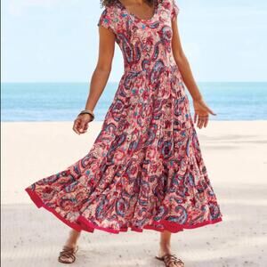 Women's Soft Surroundings Kara Paisley Pink White Blue Maxi Dress XS